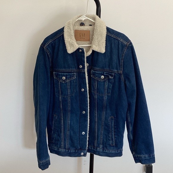 GAP Jackets & Blazers - GAP Dark Blue Denim Jacket with Cream Sherpa Collar